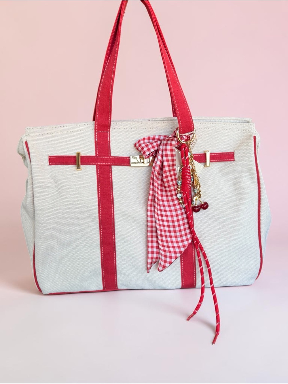 VIRAL Sol & Mer Red Canvas Tote with Scarf and Fruit Charms Vacation Style Bag - Picture 11 of 11